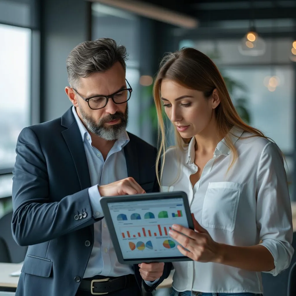 Consultores analizando datos en una tableta